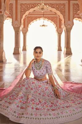 GREY ZARI ZARKAN & THREAD EMBROIDERED CREPE FESTIVE BRIDAL WEDDING & PARTY WEAR SEMI STITCHED LEHENGA 2