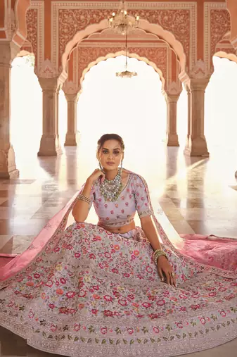 GREY ZARI ZARKAN & THREAD EMBROIDERED CREPE FESTIVE BRIDAL WEDDING & PARTY WEAR SEMI STITCHED LEHENGA