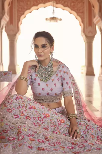 GREY ZARI ZARKAN & THREAD EMBROIDERED CREPE FESTIVE BRIDAL WEDDING & PARTY WEAR SEMI STITCHED LEHENGA