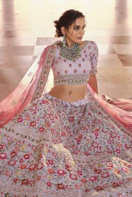 GREY ZARI ZARKAN & THREAD EMBROIDERED CREPE FESTIVE BRIDAL WEDDING & PARTY WEAR SEMI STITCHED LEHENGA 4