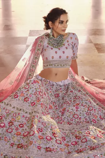 GREY ZARI ZARKAN & THREAD EMBROIDERED CREPE FESTIVE BRIDAL WEDDING & PARTY WEAR SEMI STITCHED LEHENGA