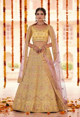 YELLOW GOTA ZARKAN & THREAD EMBROIDERED ORGANZA FESTIVE BRIDAL WEDDING & PARTY WEAR SEMI STITCHED LEHENGA 1