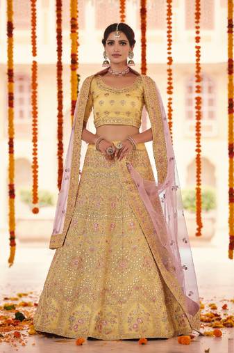 YELLOW GOTA ZARKAN & THREAD EMBROIDERED ORGANZA FESTIVE BRIDAL WEDDING & PARTY WEAR SEMI STITCHED LEHENGA