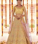YELLOW GOTA ZARKAN & THREAD EMBROIDERED ORGANZA FESTIVE BRIDAL WEDDING & PARTY WEAR SEMI STITCHED LEHENGA