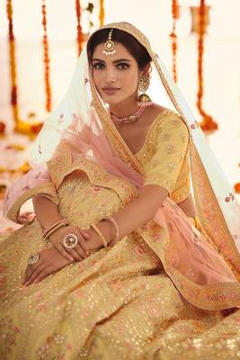 YELLOW GOTA ZARKAN & THREAD EMBROIDERED ORGANZA FESTIVE BRIDAL WEDDING & PARTY WEAR SEMI STITCHED LEHENGA 2