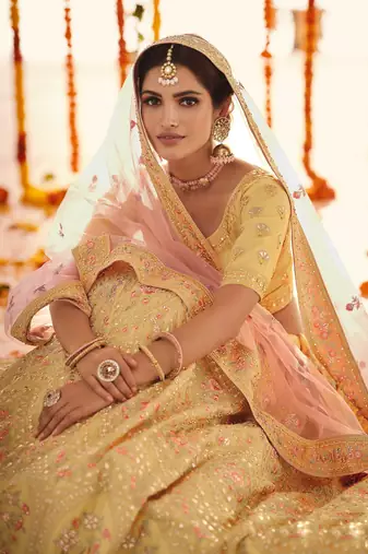 YELLOW GOTA ZARKAN & THREAD EMBROIDERED ORGANZA FESTIVE BRIDAL WEDDING & PARTY WEAR SEMI STITCHED LEHENGA