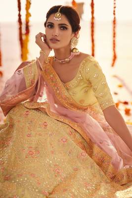 YELLOW GOTA ZARKAN & THREAD EMBROIDERED ORGANZA FESTIVE BRIDAL WEDDING & PARTY WEAR SEMI STITCHED LEHENGA 3