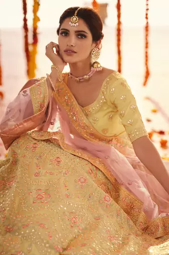 YELLOW GOTA ZARKAN & THREAD EMBROIDERED ORGANZA FESTIVE BRIDAL WEDDING & PARTY WEAR SEMI STITCHED LEHENGA