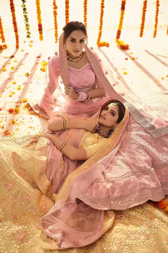 YELLOW GOTA ZARKAN & THREAD EMBROIDERED ORGANZA FESTIVE BRIDAL WEDDING & PARTY WEAR SEMI STITCHED LEHENGA