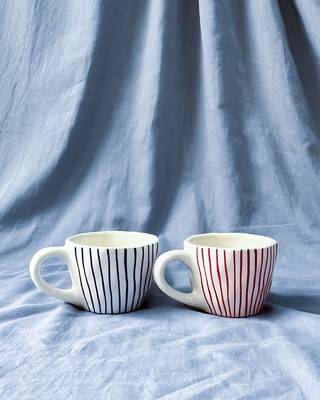 Tranquil Harmony: Handmade Hand-Painted Blue Vertical Lines on Ivory-White Ceramic Mug 1