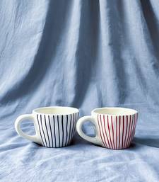 Tranquil Harmony: Handmade Hand-Painted Blue Vertical Lines on Ivory-White Ceramic Mug