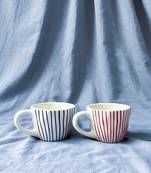 Tranquil Harmony: Handmade Hand-Painted Blue Vertical Lines on Ivory-White Ceramic Mug