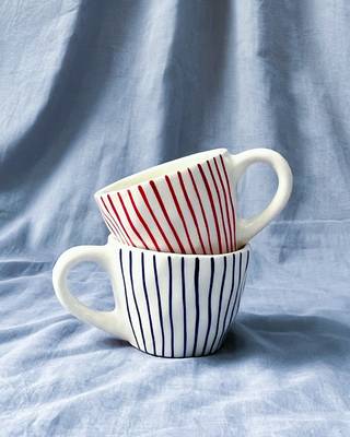 Tranquil Harmony: Handmade Hand-Painted Blue Vertical Lines on Ivory-White Ceramic Mug 2