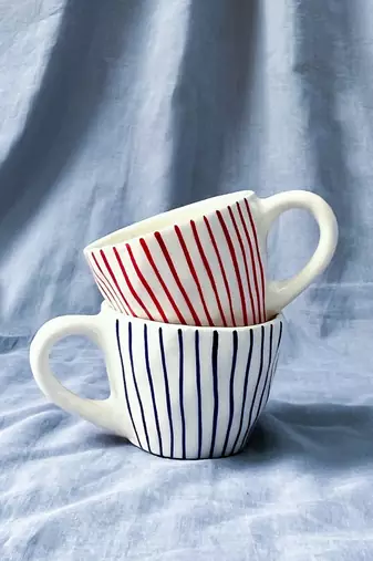 Tranquil Harmony: Handmade Hand-Painted Blue Vertical Lines on Ivory-White Ceramic Mug