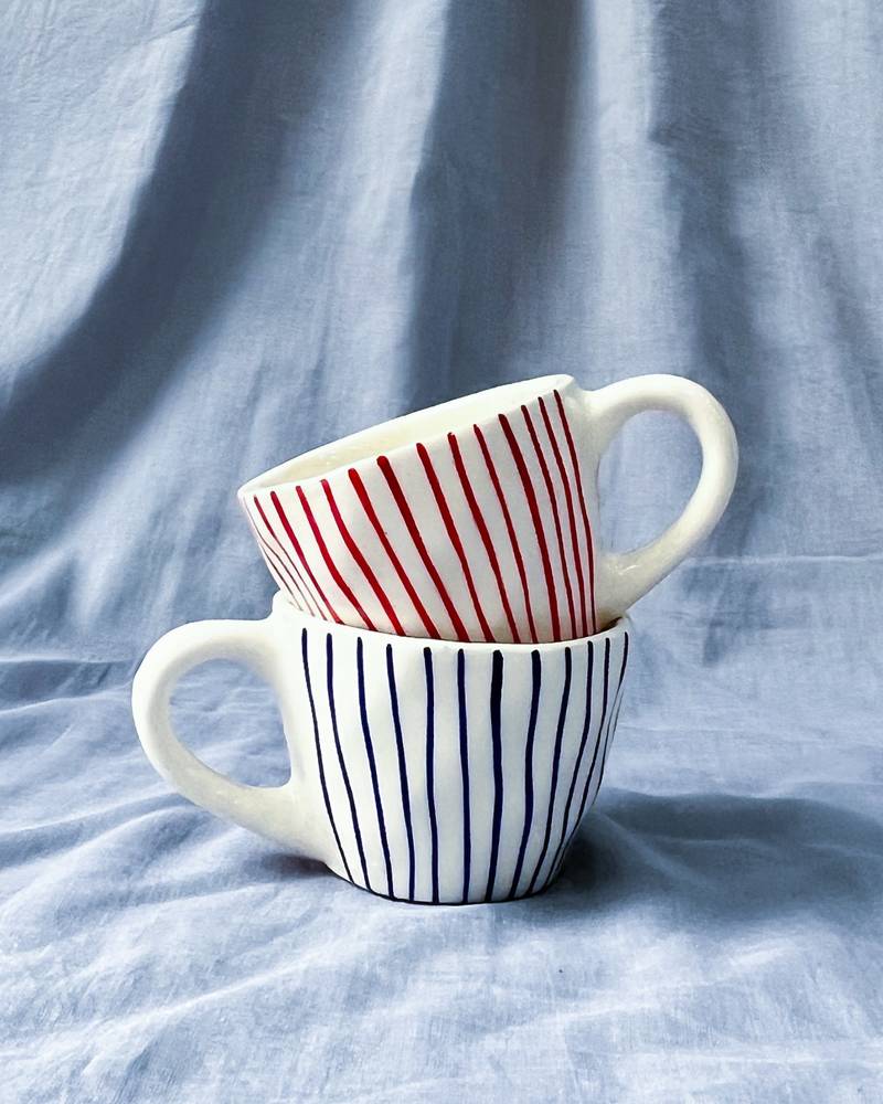 Tranquil Harmony: Handmade Hand-Painted Blue Vertical Lines on Ivory-White Ceramic Mug