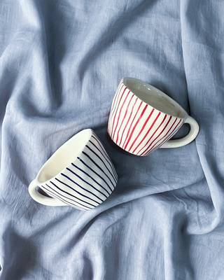 Tranquil Harmony: Handmade Hand-Painted Blue Vertical Lines on Ivory-White Ceramic Mug 4
