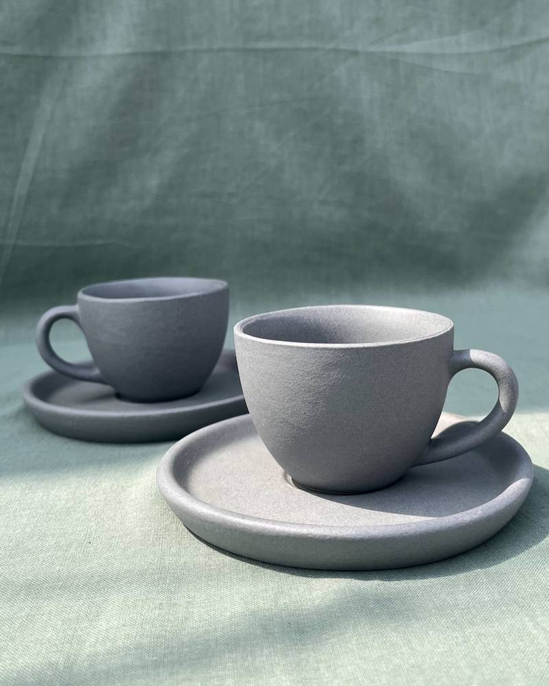 Minimalist Elegance: Handmade Dark Gray Matt Finish Espresso Cup and Saucer Set for Short Macchiato