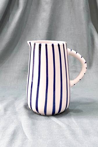 Artistic Finesse: Hand-Painted Blue Stripes on Ivory White Ceramic Milk/Cream Pitcher
