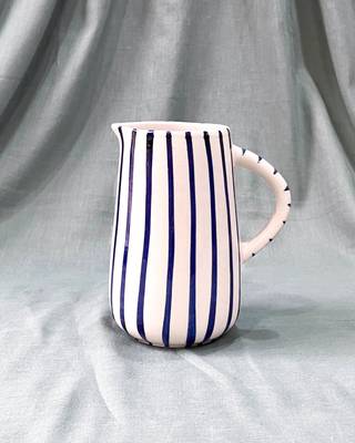 Artistic Finesse: Hand-Painted Blue Stripes on Ivory White Ceramic Milk/Cream Pitcher 1