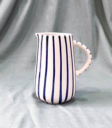 Artistic Finesse: Hand-Painted Blue Stripes on Ivory White Ceramic Milk/Cream Pitcher