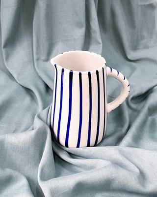 Artistic Finesse: Hand-Painted Blue Stripes on Ivory White Ceramic Milk/Cream Pitcher 2