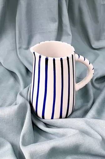 Artistic Finesse: Hand-Painted Blue Stripes on Ivory White Ceramic Milk/Cream Pitcher
