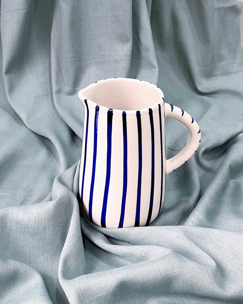Artistic Finesse: Hand-Painted Blue Stripes on Ivory White Ceramic Milk/Cream Pitcher