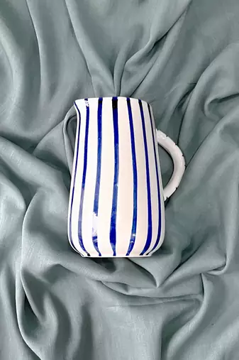 Artistic Finesse: Hand-Painted Blue Stripes on Ivory White Ceramic Milk/Cream Pitcher