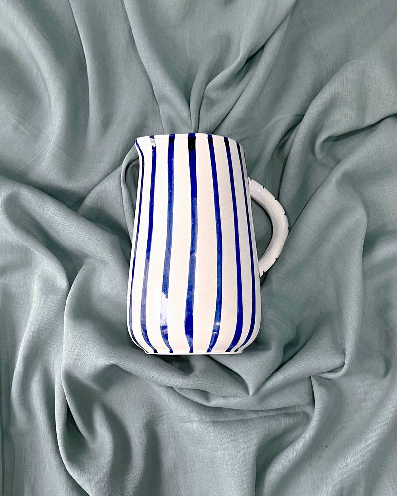 Artistic Finesse: Hand-Painted Blue Stripes on Ivory White Ceramic Milk/Cream Pitcher