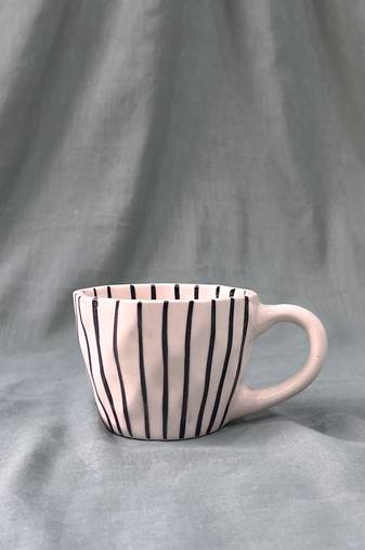 Harmony in Contrast: Hand-Painted Black Vertical Lines on Ivory-White Ceramic Mug, Inside and Out
