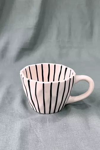 Harmony in Contrast: Hand-Painted Black Vertical Lines on Ivory-White Ceramic Mug, Inside and Out
