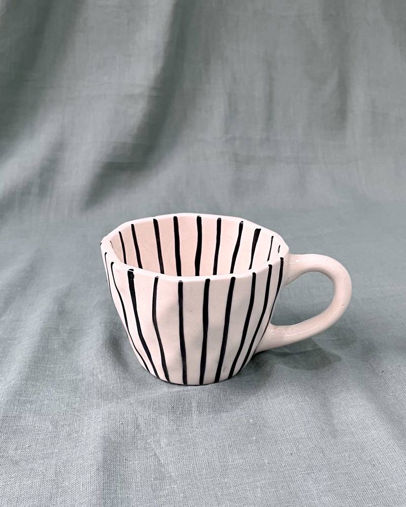 Harmony in Contrast: Hand-Painted Black Vertical Lines on Ivory-White Ceramic Mug, Inside and Out