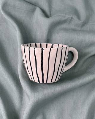 Harmony in Contrast: Hand-Painted Black Vertical Lines on Ivory-White Ceramic Mug, Inside and Out 3