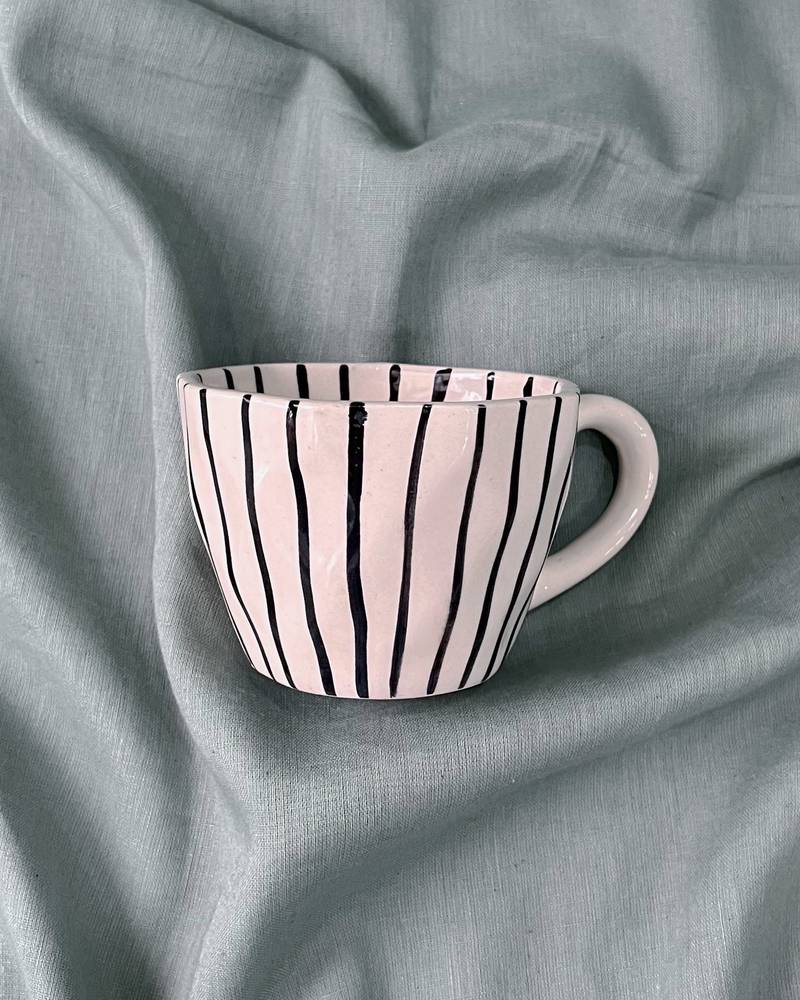 Harmony in Contrast: Hand-Painted Black Vertical Lines on Ivory-White Ceramic Mug, Inside and Out