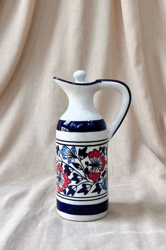 Artistic Flair: Hand-Painted Red and Blue Motifs Oil Cruet with Hand-Glazed Finish
