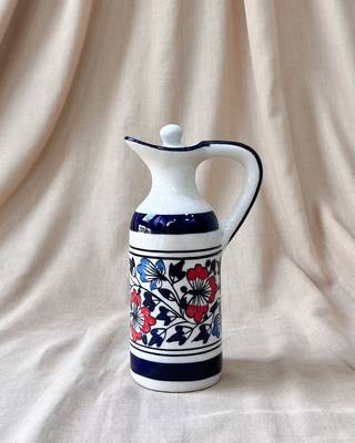 Artistic Flair: Hand-Painted Red and Blue Motifs Oil Cruet with Hand-Glazed Finish 1