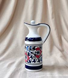 Artistic Flair: Hand-Painted Red and Blue Motifs Oil Cruet with Hand-Glazed Finish