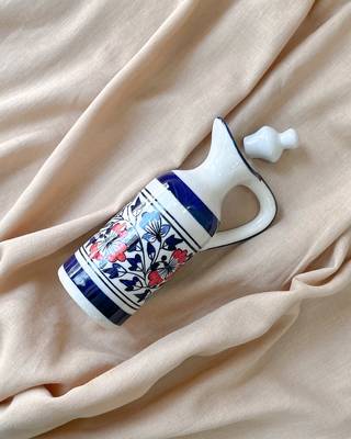 Artistic Flair: Hand-Painted Red and Blue Motifs Oil Cruet with Hand-Glazed Finish 2