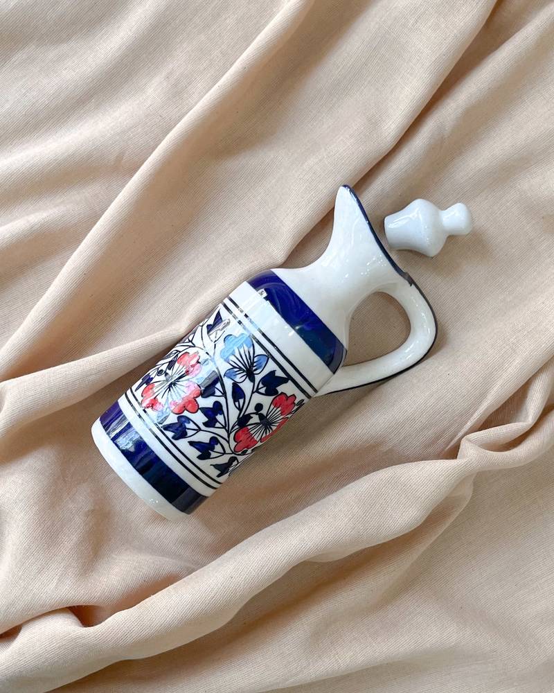 Artistic Flair: Hand-Painted Red and Blue Motifs Oil Cruet with Hand-Glazed Finish