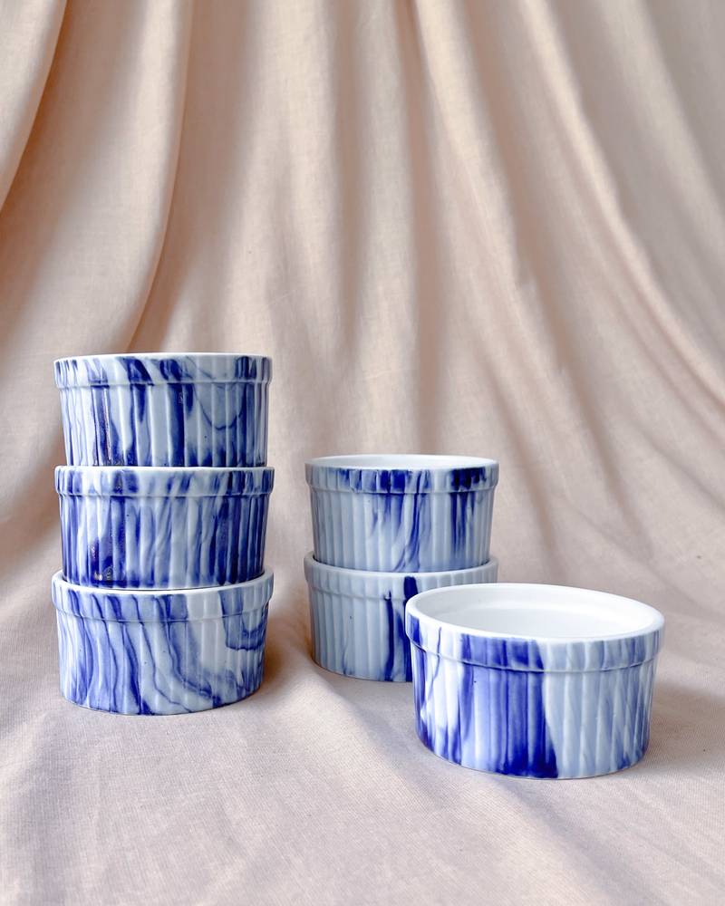 Artistic Flair: Hand-Painted Blue and White Ceramic Ramekin Bowl for Baking Souffls, Desserts, and Puddings