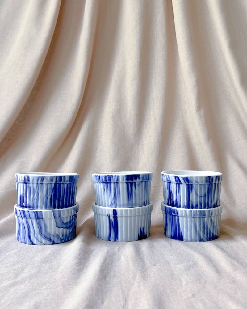 Artistic Flair: Hand-Painted Blue and White Ceramic Ramekin Bowl for Baking Souffls, Desserts, and Puddings
