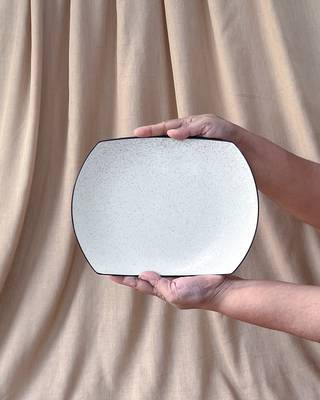 Effortless Elegance: Elongated Matt Ivory White Serving Tray with Unique Black Speckles and Rim 3