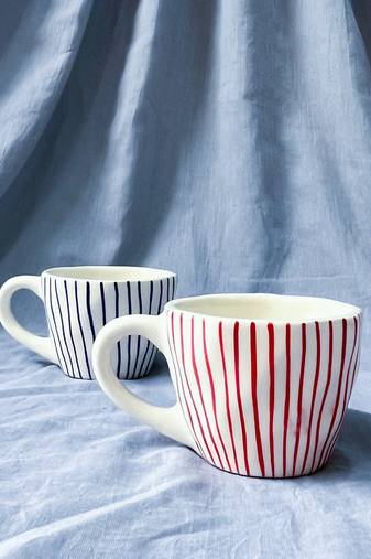 Tranquil Harmony: Handmade Hand-Painted Red Vertical Lines on Ivory-White Ceramic Mug