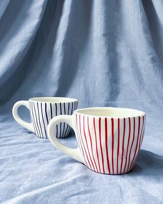 Tranquil Harmony: Handmade Hand-Painted Red Vertical Lines on Ivory-White Ceramic Mug 1