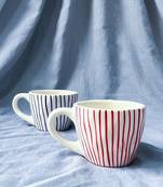 Tranquil Harmony: Handmade Hand-Painted Red Vertical Lines on Ivory-White Ceramic Mug
