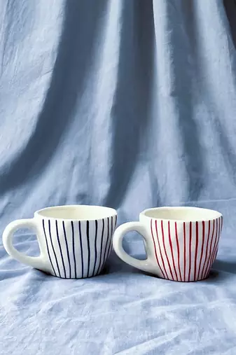 Tranquil Harmony: Handmade Hand-Painted Red Vertical Lines on Ivory-White Ceramic Mug