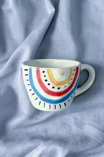 Radiant Spectrum: Hand-Painted, Hand-Glazed Ivory White Mug with Vibrant Rainbow Colors