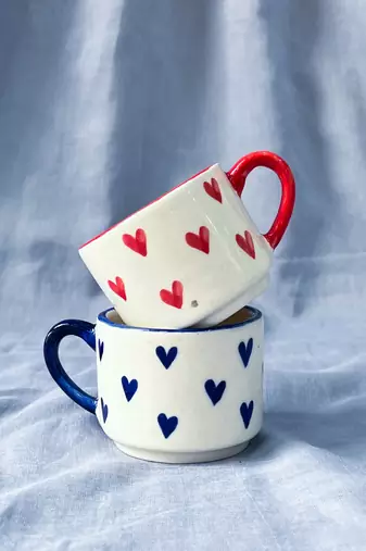 Heartfelt Elegance: Ivory White Mug with Red Heart, Red Rim, and Red Handle