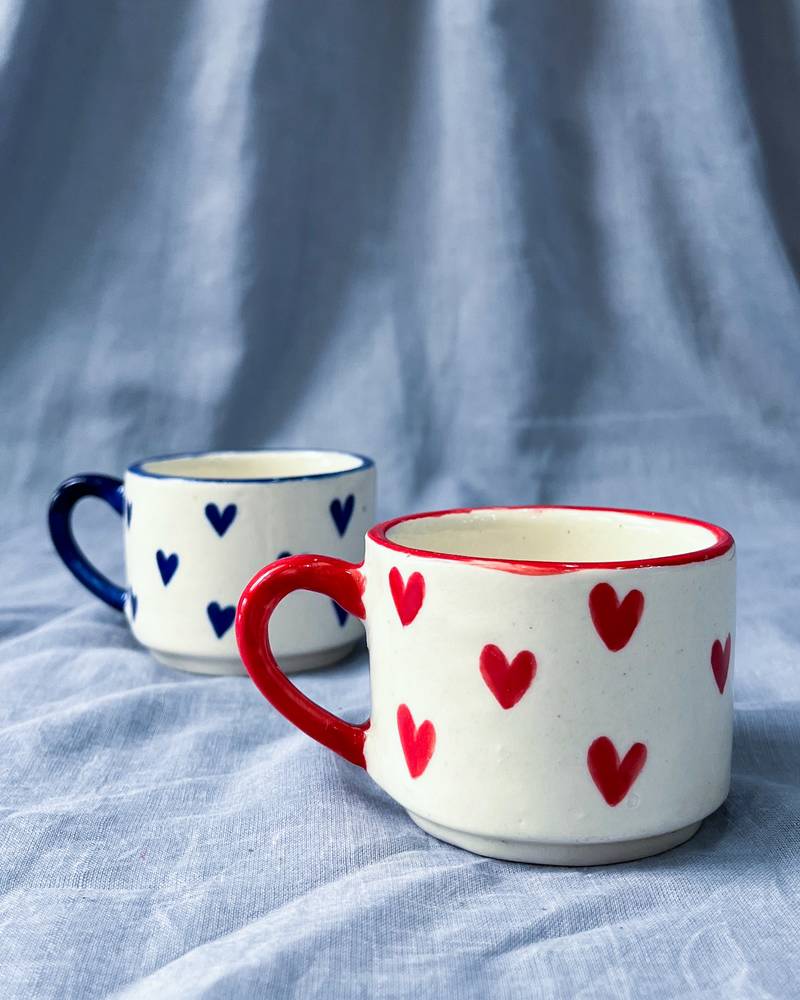 Heartfelt Elegance: Ivory White Mug with Red Heart, Red Rim, and Red Handle