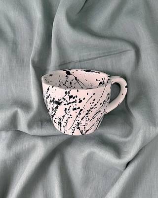 Ink Splatter Harmony: Handcrafted Ceramic Mug with Contrasting Black Splatters Inside 2